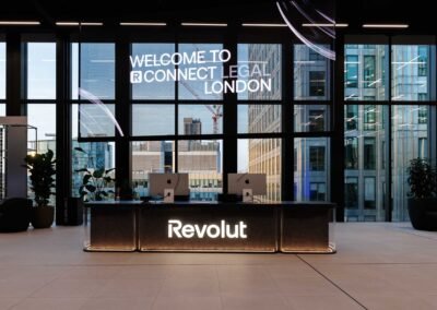 Guests arriving at Revolut London headquarters front desk during corporate event